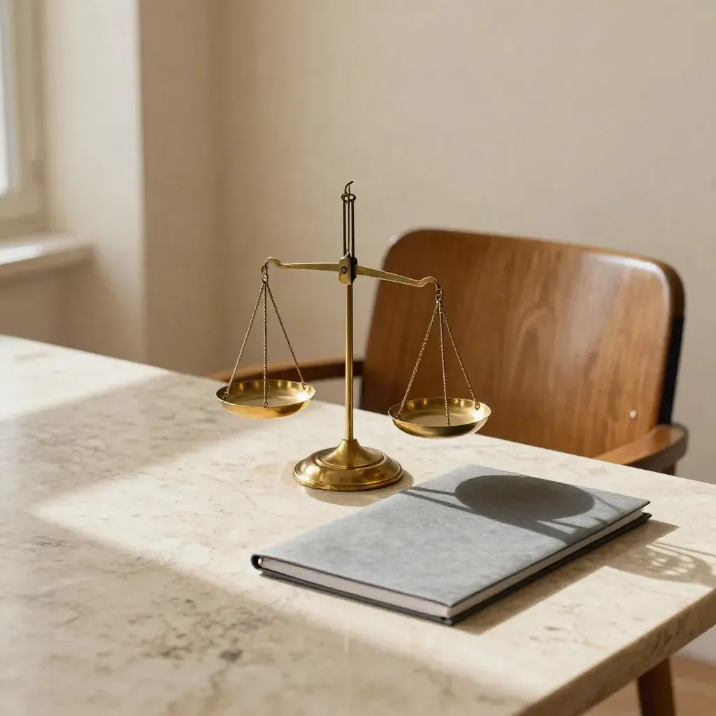 Rincón legal con balanza de latón, carpeta cerrada y silla vacía sobre piedra.