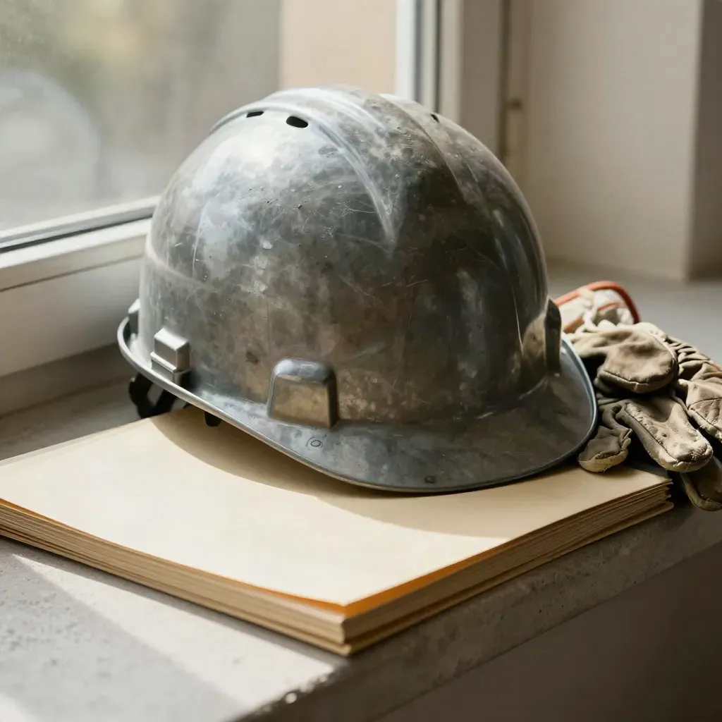 Casco de obra, expediente sellado y guantes doblados sobre un alféizar de piedra.