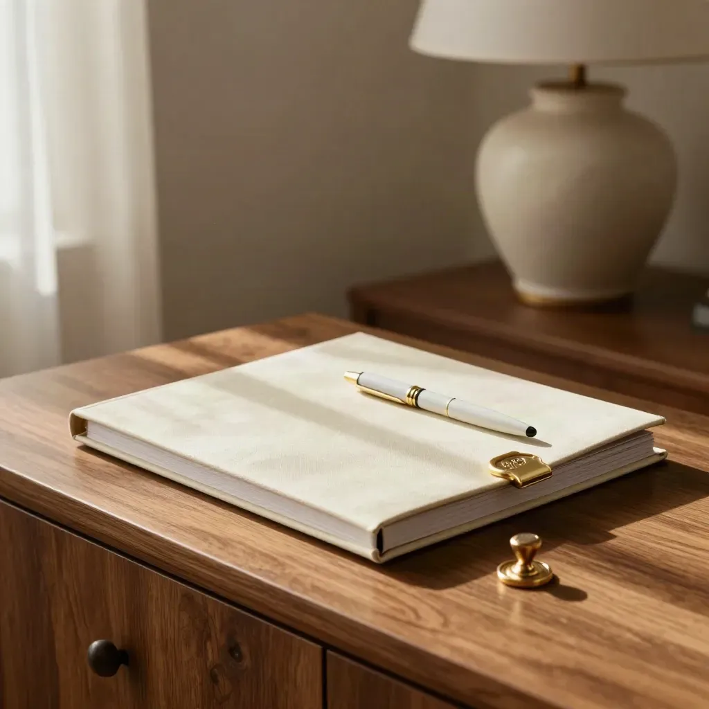 Carpeta legal con cierre dorado, pluma blanca y lacre sobre madera cálida.