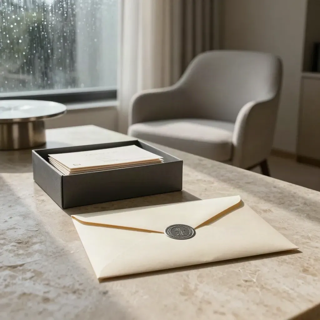 Sala de mediación vacía con sobre sellado, caja ordenada y silla vacía junto a ventanal lluvioso.