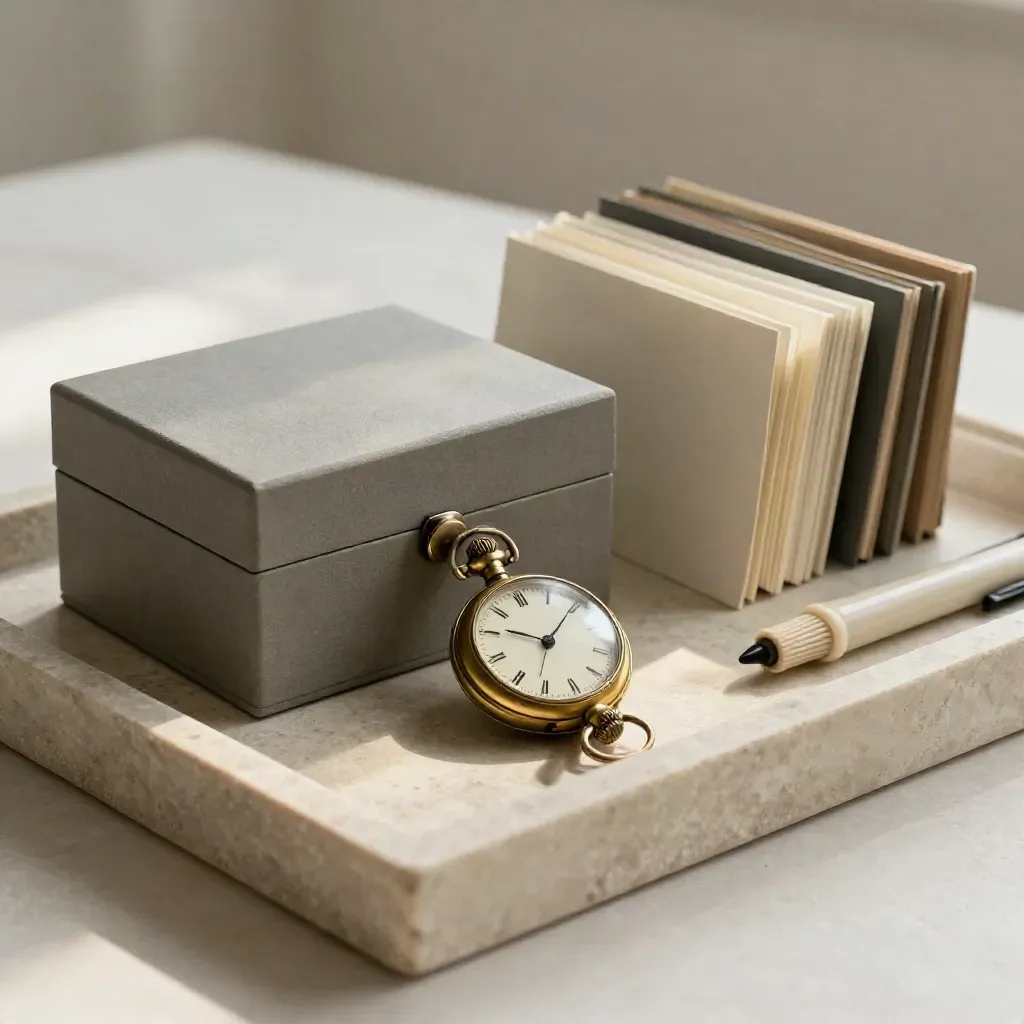 Bandeja de piedra con reloj de bolsillo, caja de expediente y notas encuadernadas en luz suave.