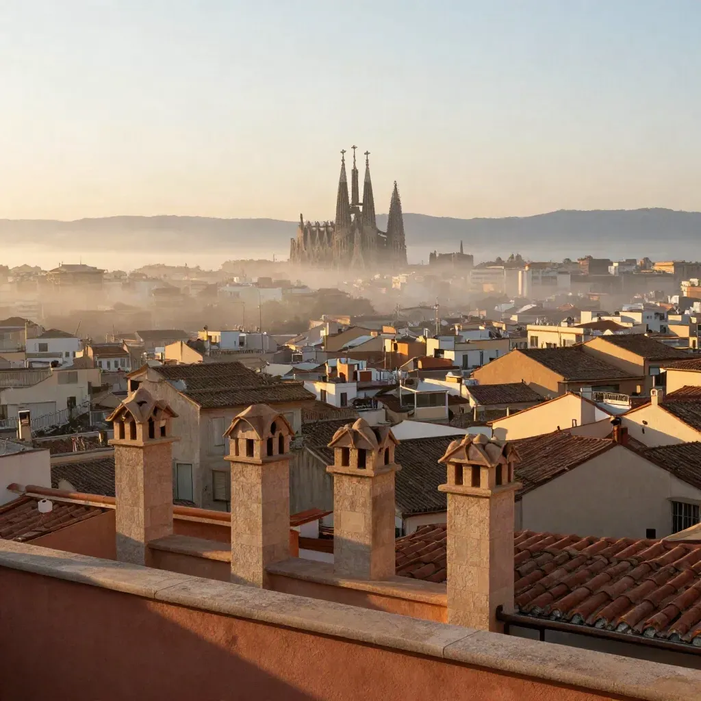 Tejados del Eixample con la Sagrada Família al fondo bajo bruma dorada al amanecer